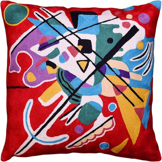 Red abstract art pillow cover with multicolor shapes and bold black intersecting lines