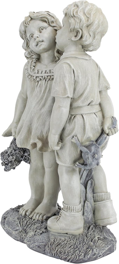 Young Sweethearts Kissing Children Garden Statue - Hand-Cast Crushed Stone Resin Outdoor Sculpture