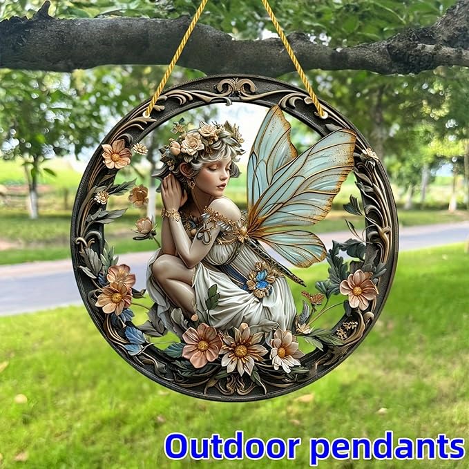Round hanging fairy ornament with blue wings, a white dress, and a flower-covered border