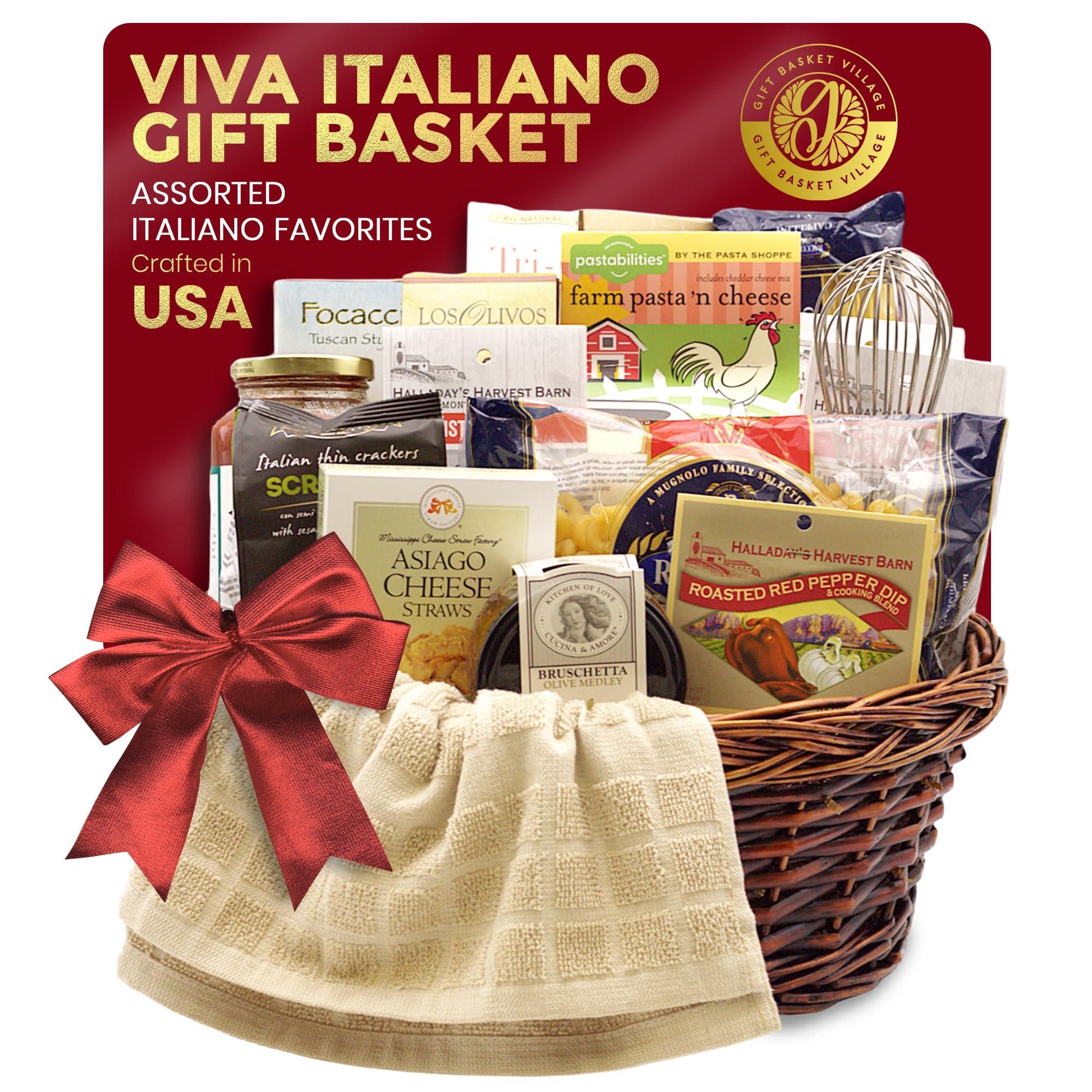 Italian gift basket in wicker with red bow and assorted packaged snacks inside