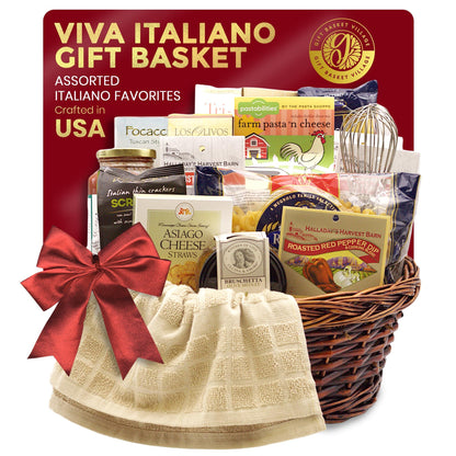 Italian gift basket in wicker with red bow and assorted packaged snacks inside