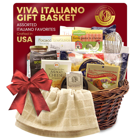 Italian gift basket in wicker with red bow and assorted packaged snacks inside