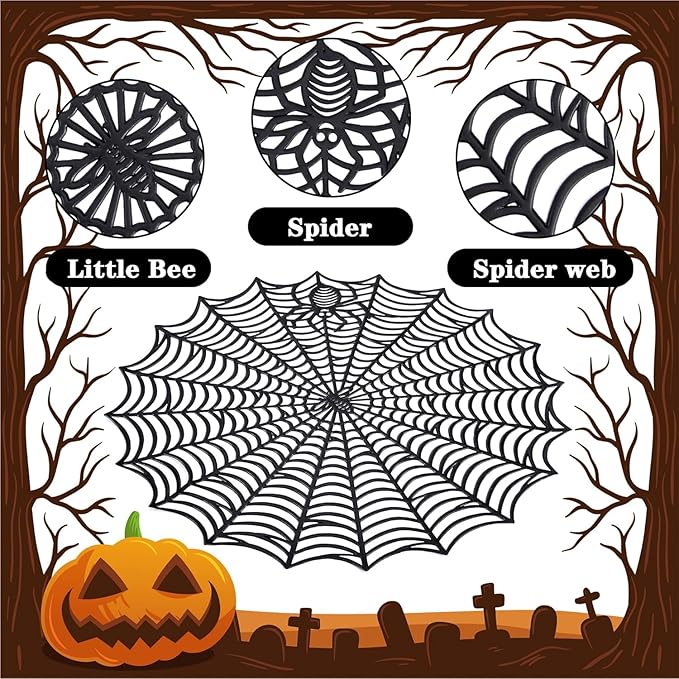 Round black spider web PVC placemat with detailed radial lines converging at center