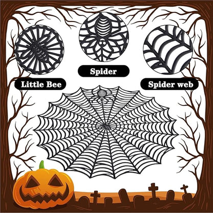 Round black spider web PVC placemat with detailed radial lines converging at center