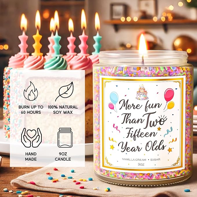 9 oz birthday candle jar with gold lid, flame lit, plus 60-hour and soy wax icons