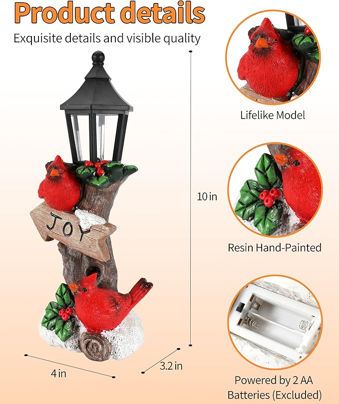 Resin cardinal ornament with black lantern, red birds, holly leaves, and JOY sign