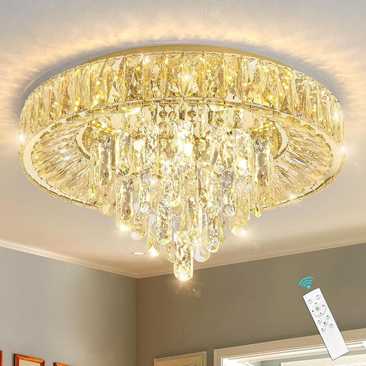 Gold-tone crystal flush mount chandelier with faceted crystal drops on ceiling