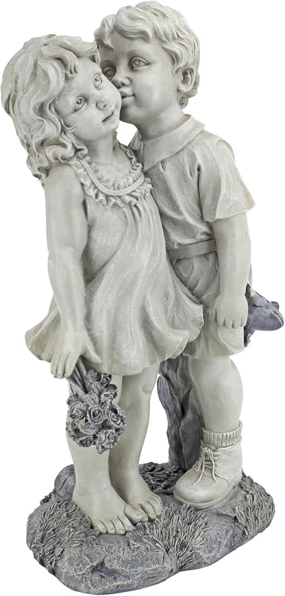 Young Sweethearts Kissing Children Garden Statue - Hand-Cast Crushed Stone Resin Outdoor Sculpture