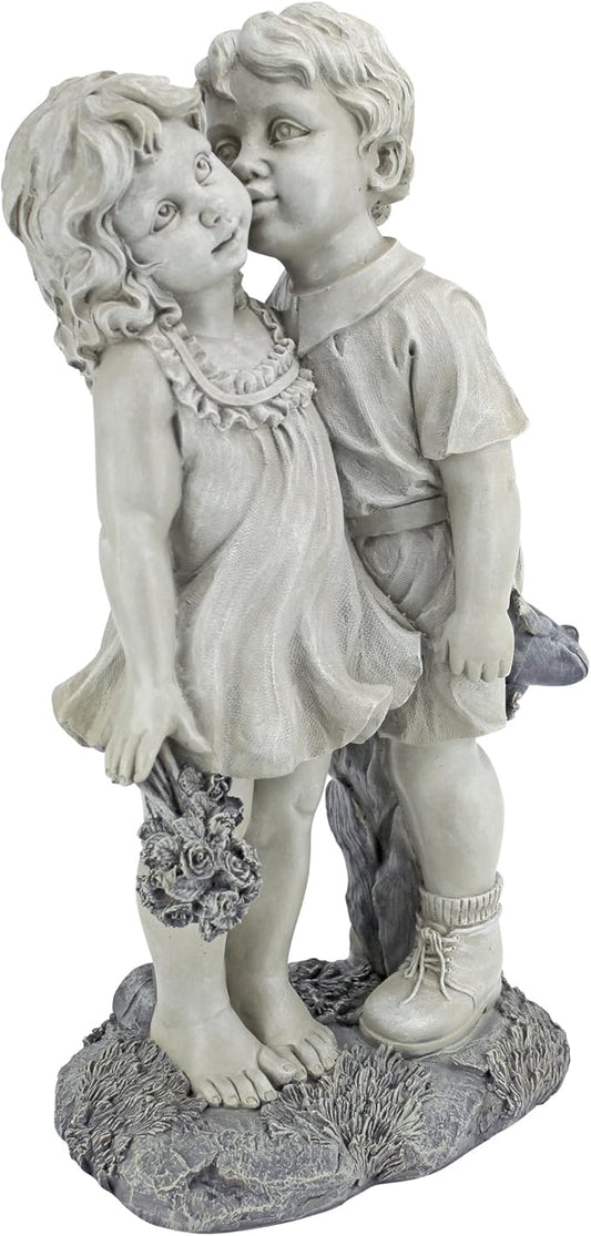 Young Sweethearts Kissing Children Garden Statue - Hand-Cast Crushed Stone Resin Outdoor Sculpture