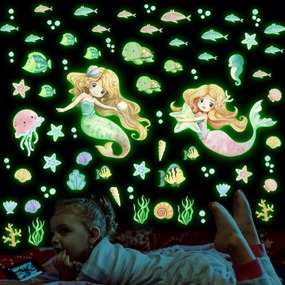 Glow in the Dark Mermaid Wall Decals – 68 Pcs Ocean Stickers | Mermaid Turtle Seahorse Jellyfish Starfish | Peel & Stick Ceiling Wall | Nursery Playroom Bedroom Gift