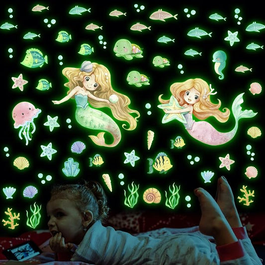 Glow in the Dark Mermaid Wall Decals – 68 Pcs Ocean Stickers | Mermaid Turtle Seahorse Jellyfish Starfish | Peel & Stick Ceiling Wall | Nursery Playroom Bedroom Gift