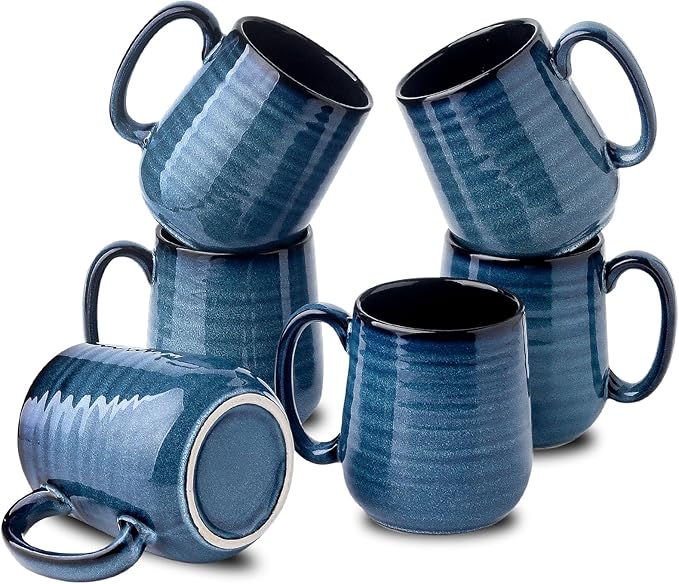 Navy Blue Ceramic Coffee Mugs – Set of 6 | 12oz Thick-Wall Heat Retention | Dishwasher & Microwave Safe | Coffee Gift Set