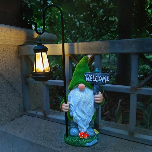 Solar gnome garden statue holding a lantern, white beard, green hat, outdoor yard decor