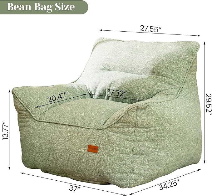 Sage Green Chenille Memory Foam Bean Bag Armchair - Deep Recline Lounge Chair with Armrests for Reading Nook, Nursery, and Boho Bedroom