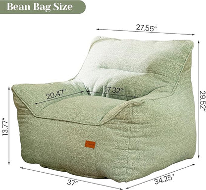 Sage Green Chenille Memory Foam Bean Bag Armchair - Deep Recline Lounge Chair with Armrests for Reading Nook, Nursery, and Boho Bedroom