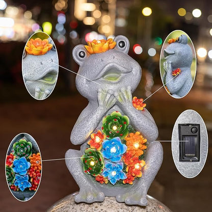 Solar Frog Garden Statue with 8 LED Lights and Succulent Planter Design