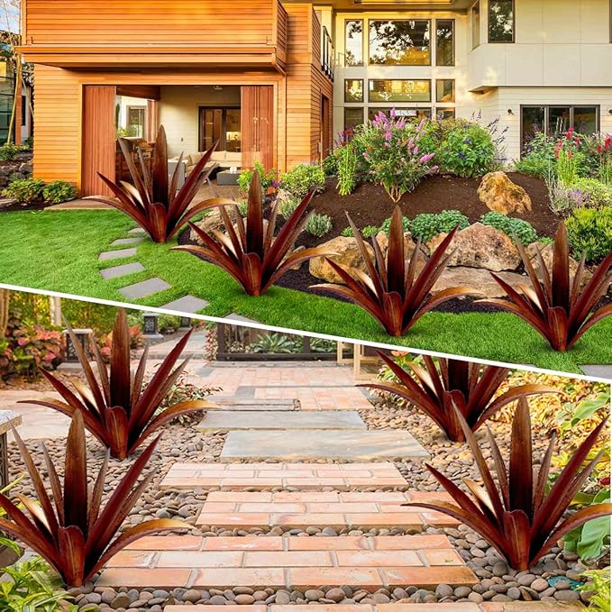 12-Leaf Metal Agave Garden Sculpture - Rustic Botanical Outdoor Decor