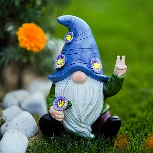 Blue garden gnome statue with white beard, flower accents, peace sign hand pose