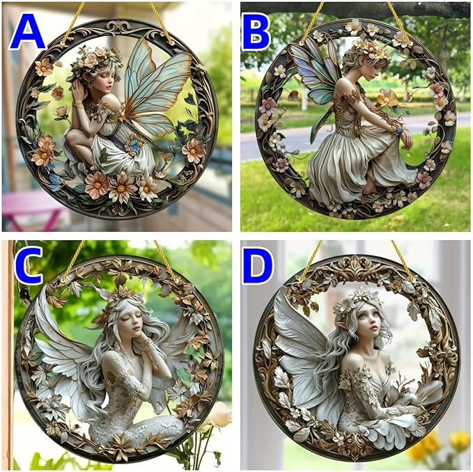Four round fairy ornaments showing winged figures, floral borders, and hanging cords