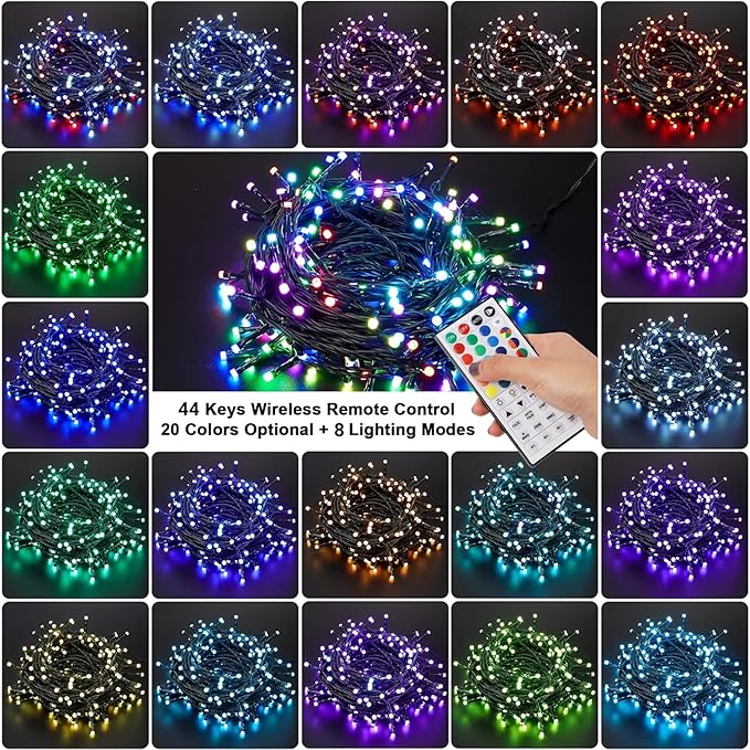 RGB Christmas mini string lights on dark wire, showing multiple color modes and patterns