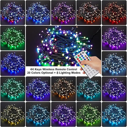 RGB Christmas mini string lights on dark wire, showing multiple color modes and patterns