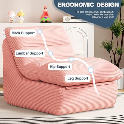 Coral Pink Corduroy Ergonomic Floor Lounge Chair - Structured Memory Foam Seat with Lumbar Support for Pink Nursery, Reading Corner, and Warm Joyful Interiors