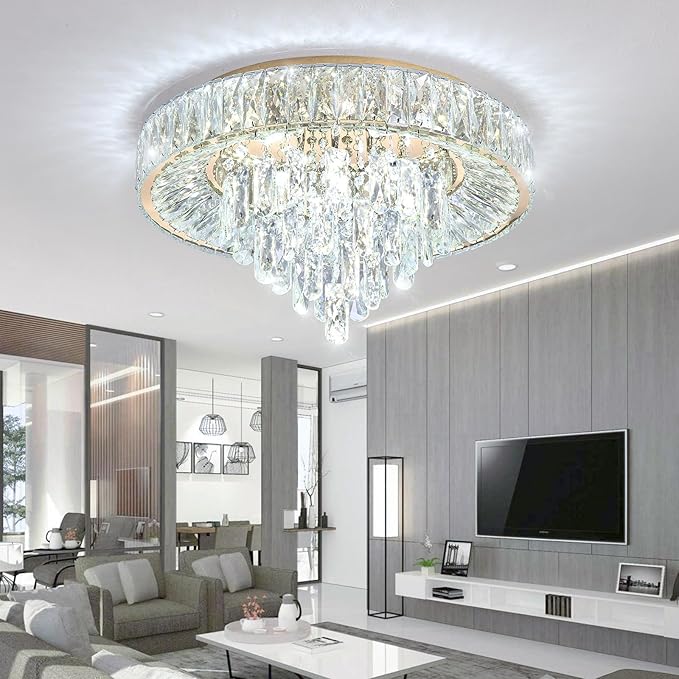 Clear crystal flush mount ceiling chandelier with metal frame in bright room setting