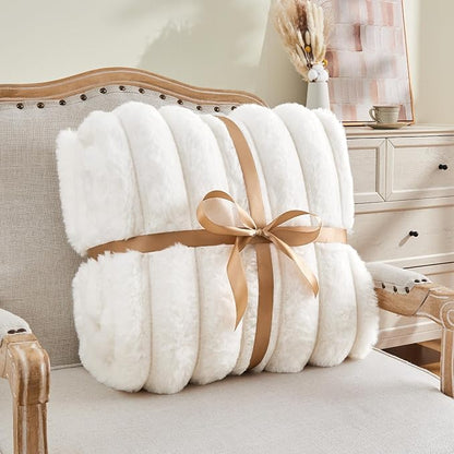 Cream Faux Rabbit Fur Throw Blanket – 60"x80" | 770GSM Double-Sided Luxury Fluffy Blanket | 3D Striped Plush Throw for Two