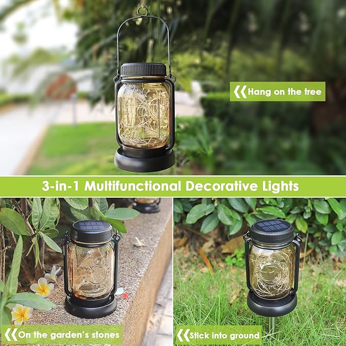 Solar mason jar lantern with warm glow on a stake and hanging loop for garden use