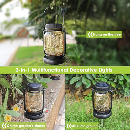 Solar mason jar lantern with warm glow on a stake and hanging loop for garden use