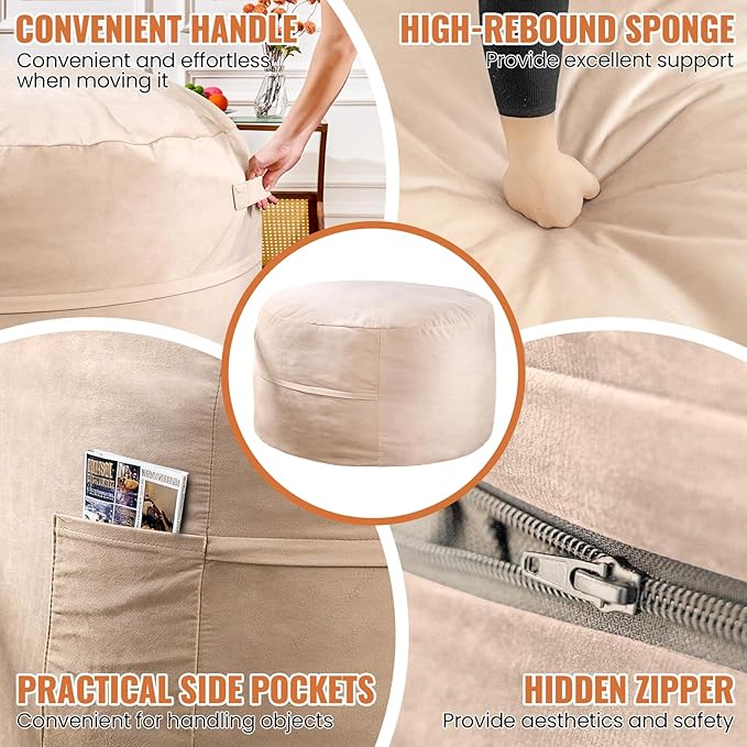 4ft Sand Linen Velvet Bean Bag Chair - Warm Neutral Sponge Fill Lounger for Boho, Scandi, and Family Rooms
