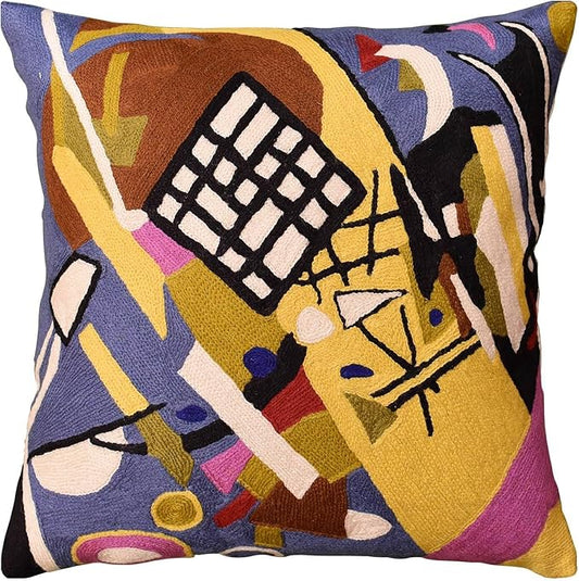 Abstract embroidered pillow cover with multicolor geometric blocks on dark blue