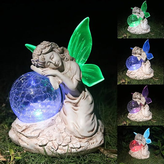 Solar Angel Garden Statue with Color-Changing Crackle Globe - Resin Outdoor Decor for Lawn, Patio, Yard, Balcony, and Garden