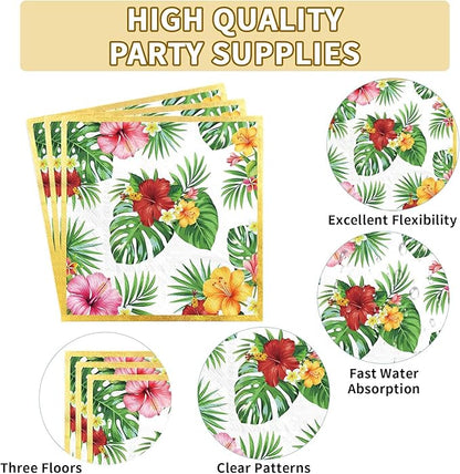 Hibiscus and palm leaf napkins and plates set with tropical floral patterns