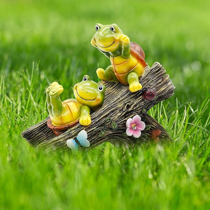 Solar Turtle Garden Statue with Two Turtles on a Slide and 4 LED Lights - Resin Outdoor Decor