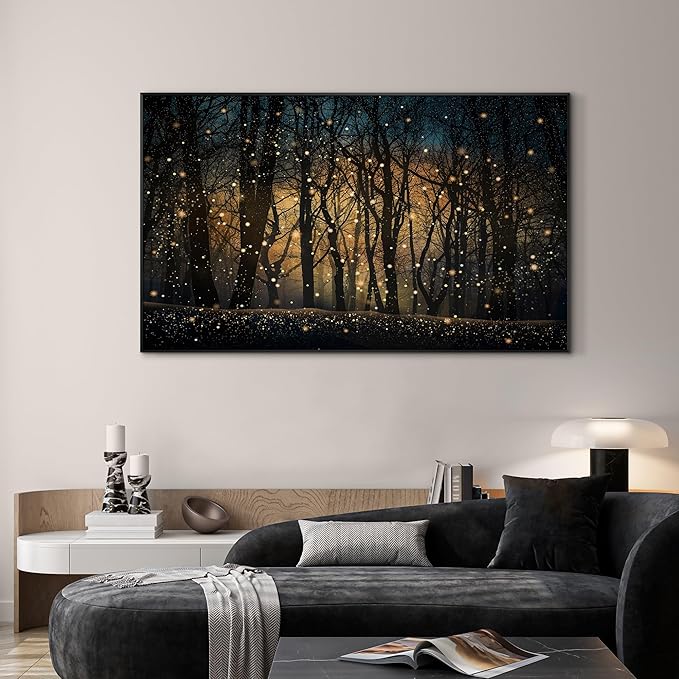 Magical Firefly Night Forest Framed Wall Art – Extra Large 30"x60" Enchanted Woodland Scene | Statement Home Decor for Living Room & Bedroom