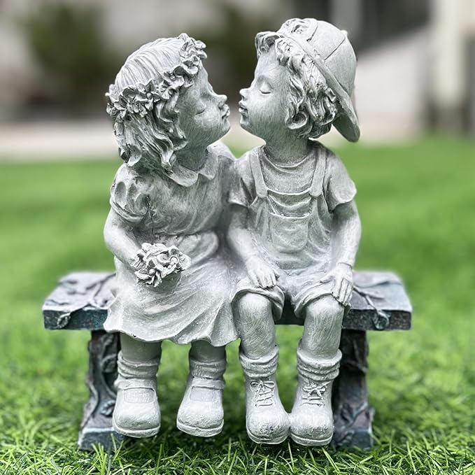 First Kiss Couple Garden Statue - Boy and Girl Resin Outdoor Decor