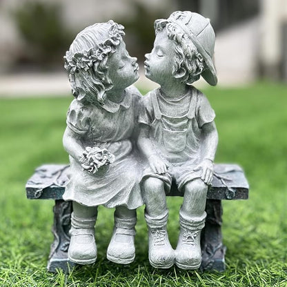 First Kiss Couple Garden Statue - Boy and Girl Resin Outdoor Decor