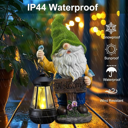Garden Gnome Outdoor Statues with Solar Lights,Resin Flocked Solar Gnome Statue Holding Lantern,Outdoor Gnomes Decorations for Garden, Patio Gnome Gifts for Mom