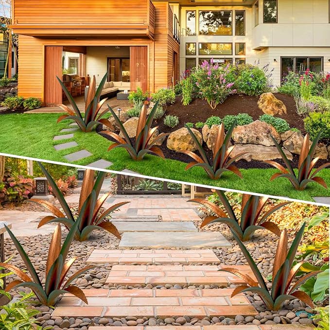 Metal Agave Garden Sculpture - 9-Leaf Rustic Botanical Outdoor Decor
