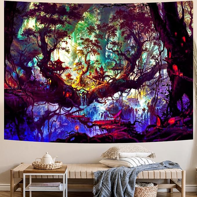 Mystical Landscape Forest Tapestry (Small) – Magical Enchanted Tree Wall Hanging | Psychedelic Nature Decor | 51.2" x 59.1"