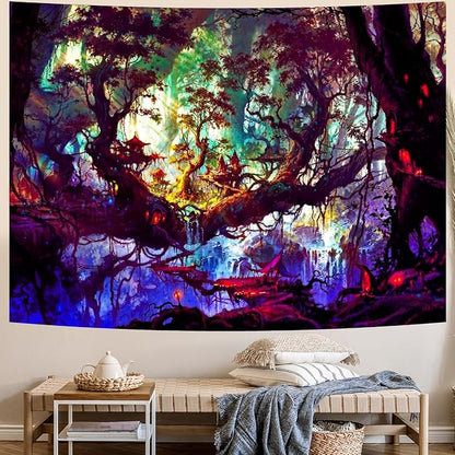 Mystical Landscape Forest Tapestry (Small) – Magical Enchanted Tree Wall Hanging | Psychedelic Nature Decor | 51.2" x 59.1"