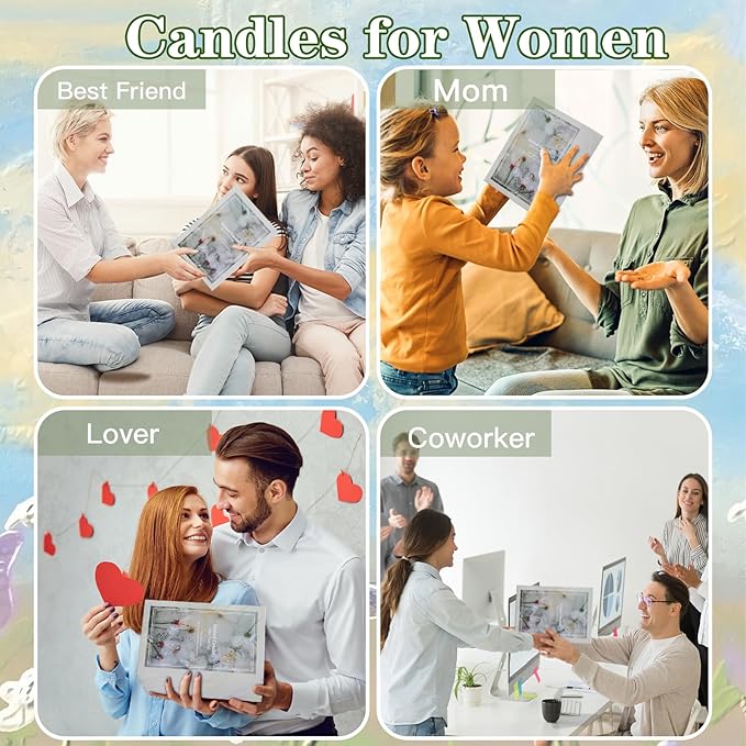 Candles gift set promotional collage with people holding gift cards for friends and family