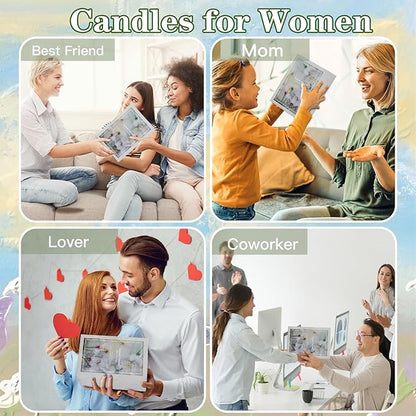 Candles gift set promotional collage with people holding gift cards for friends and family