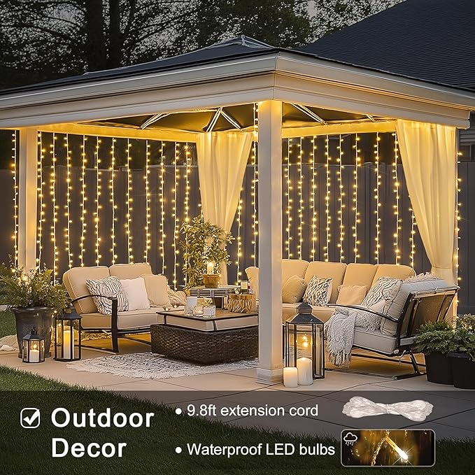Warm White Curtain Lights – 300 LED 9.8x9.8ft | Remote Control Dimmable | UL Listed IP44 | Bedroom Backdrop Wedding Christmas Patio Dorm Indoor Outdoor