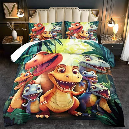 Queen dinosaur comforter set on bed with colorful 3D dragon and dinosaur character artwork
