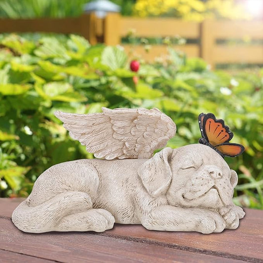 Sleeping Puppy Angel Memorial Statue with Solar Light - Resin Dog Memorial Sculpture with Butterfly for Garden, Lawn, Patio, and Indoor Remembrance