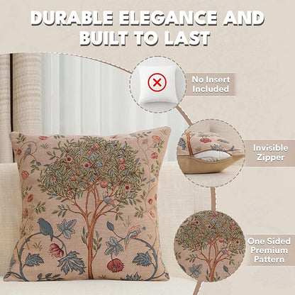 Beige square pillow cover with tree-and-bird tapestry design
