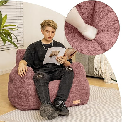 Mauve Teddy Faux Fur Bean Bag Armchair - Soft Memory Foam Reading Chair for Kids Room, Teen Bedroom, Reading Corner, and Toddler Story Time