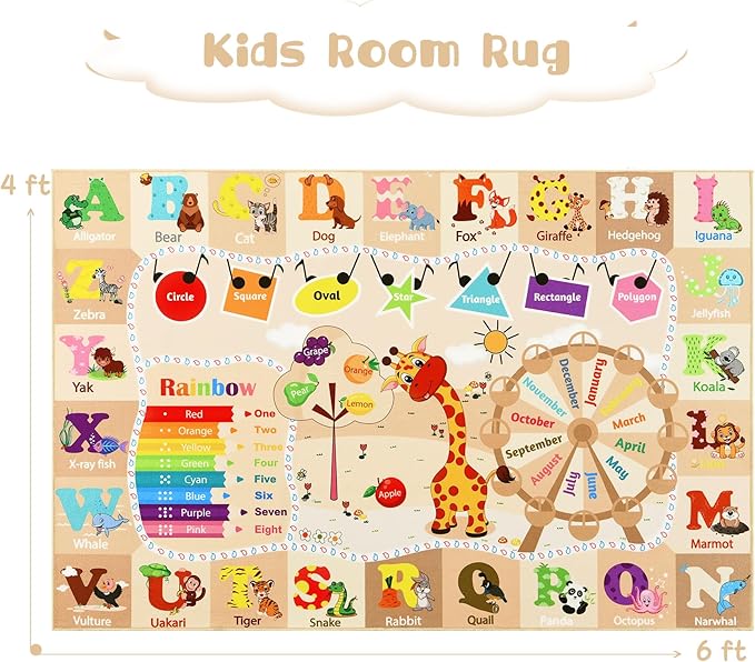 Beige kids room rug design with alphabet letters, animals, shapes, and months wheel.